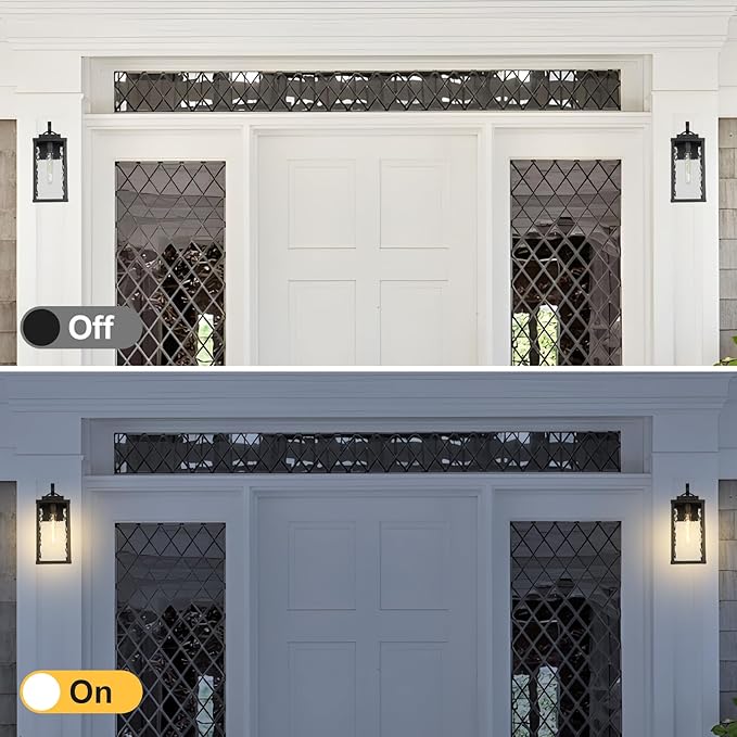 Outdoor Wall Light Fixture, Modern Black Exterior Wall Lantern with Water Ripple Glass, Farmhouse Vintage Waterproof Wall Sconce Porch Light for Patio, Garage, Front Door, Garden, Yard, 2Pack