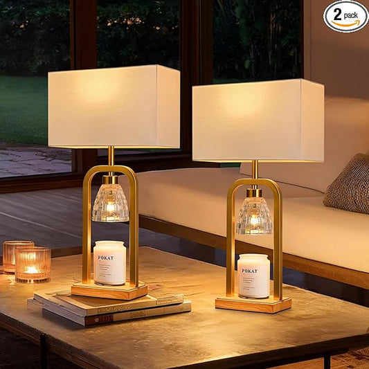PoKat Gold Table Lamps for Bedroom with Candle Warmer & Timer, Mid Century Modern Bedroom Lamps for Living Room Night Stands, Bedside Lamps for End Table, Dinning, Bathroom, Bulbs Included
