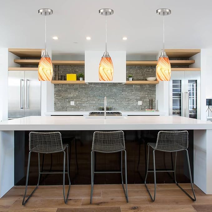 Mini Glass Pendant Light 4.72" with Handblown Orange Marble Art Glass Hanging Light 3-Pack Oval Ceiling Hanging Light Fixture for Dining Room Kitchen Island Cafe Foyer Hallway