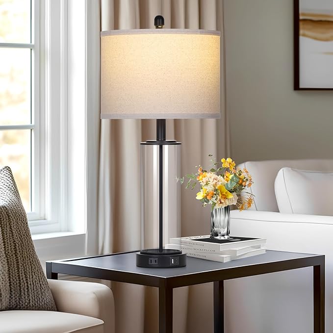 26" Black Glass Table Lamp for Living Room Single, 3-Way Dimmable Bedside Lamps with USB C+A Ports & AC Outlet, Modern Touch Control Bedroom Lamp for Nightstand Side End Table (Bulb Included)