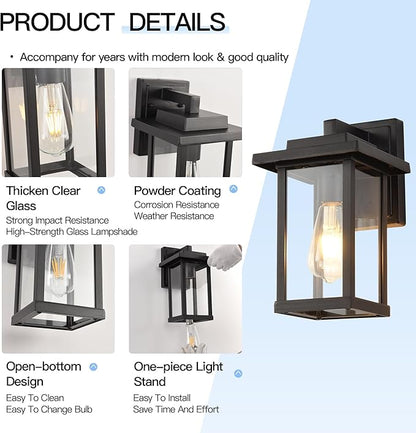 Outdoor Wall Light Fixtures, Modern Exterior Wall Mount Lanterns, Outside Wall Sconces in Black Finish with Clear Glass for Porch Patio Farmhouse, 2-Pack