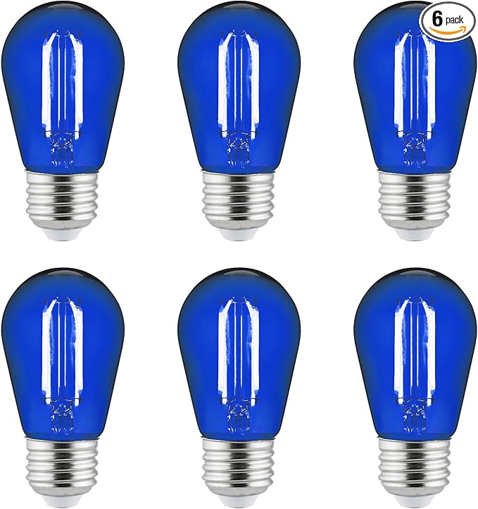 Sunlite LED S14 String Light Bulb, 2 Watts (25W Equivalent), Medium E26 Base, Party Decoration, Holiday Lighting, Transparent, Dimmable, UL Listed, Blue, 6 Count