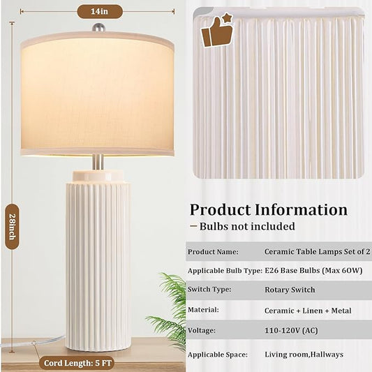 28’’ Farmhouse Ceramic Table Lamps Set of 2 for Living Room, Cream Vintage Bedside Table Lamps with White Linen Shade, Rustic Nightstand Lamps for Bedroom Home Office End Table Dorm