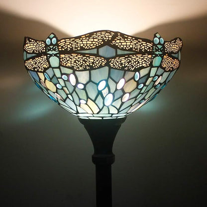 WERFACTORY Tiffany Lamp Shade Replacement 12X6 Inch Sea Blue Stained Glass Dragonfly Lampshade Only 1-5/8-Inch Fitter Opening for Arched Floor Lamp, Torchiere Lamp, Pendant Light S147 Series