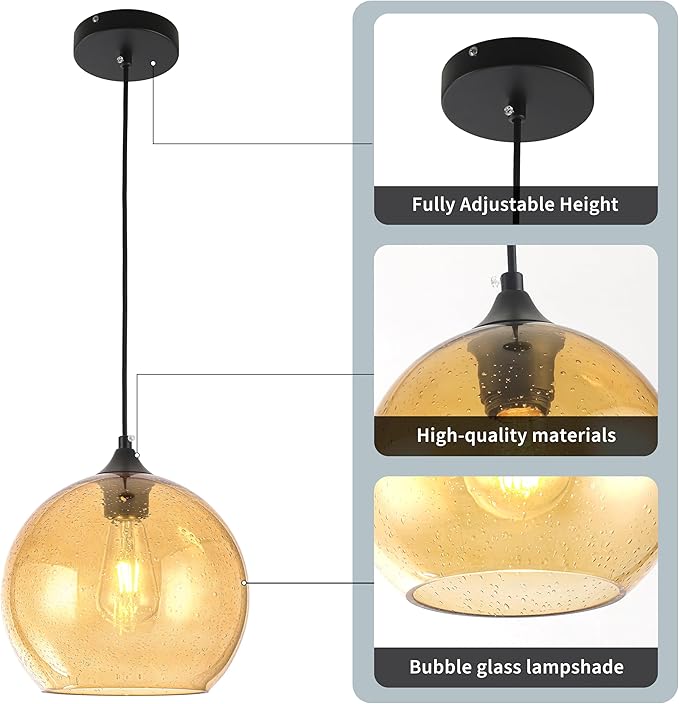 Amber Glass Pendant Lights Kitchen Island Lighting Modern Globe Pendant Light Fixtures Modern Pendant Lights for Kitchen Island Bedroom Living Dining Room Light Fixture-9.8inch
