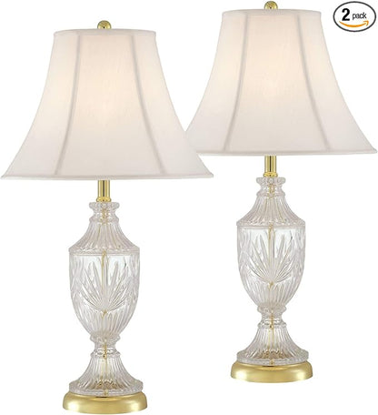 Regency Hill Traditional Glam Luxury Table Lamps 26.5" High Set of 2 Clear Glass Urn Brass Gold Metal White Cream Bell Shade Decor for Living Room Bedroom House Bedside Nightstand Home