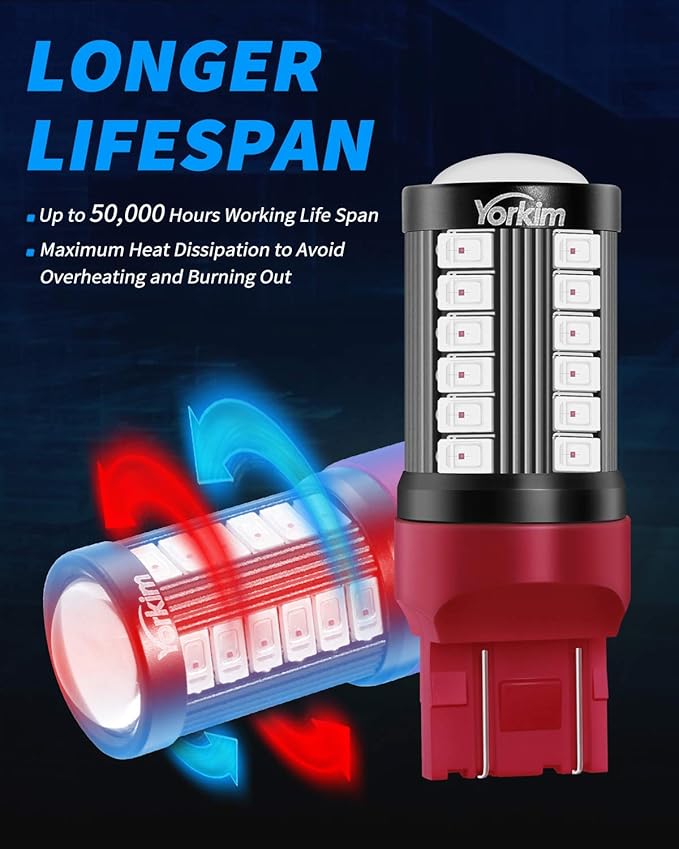 Yorkim 7440 Led Bulb Bright Red Lights, T20 Led Bulbs, 7443 Led, 7441 Led, W21W Led, 7444 Bulbs, for reverse/backup/brake light - 5730 33 SMD pack of 2