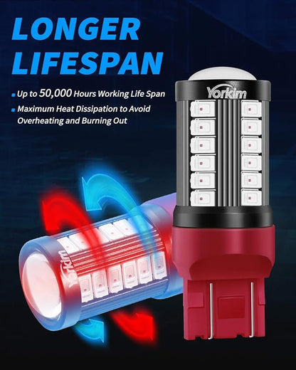 Yorkim 7440 Led Bulb Bright Red Lights, T20 Led Bulbs, 7443 Led, 7441 Led, W21W Led, 7444 Bulbs, for reverse/backup/brake light - 5730 33 SMD pack of 2