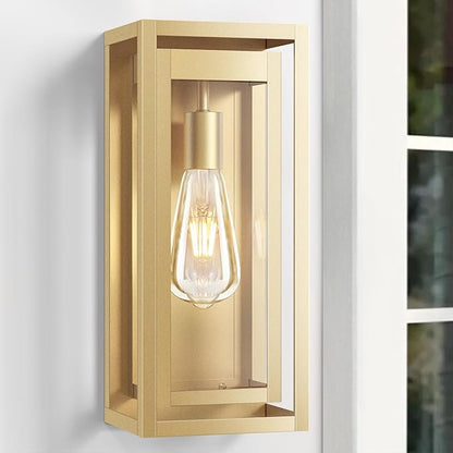 15" Large Gold Outdoor Light Fixture Wall Mount, Waterproof Outdoor Sconces, Modern Wall Lights with Clear Glass Shade for Front Door, Porch, Garage, 1 Pack