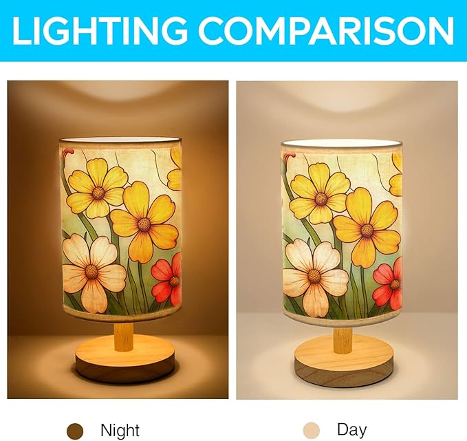 Primrose Flowers Table Lamp LED 3-Color Pressed Bedside, Primrose Flowers Shade Lamp with Wood Base for Bedroom Living Room Desk Office