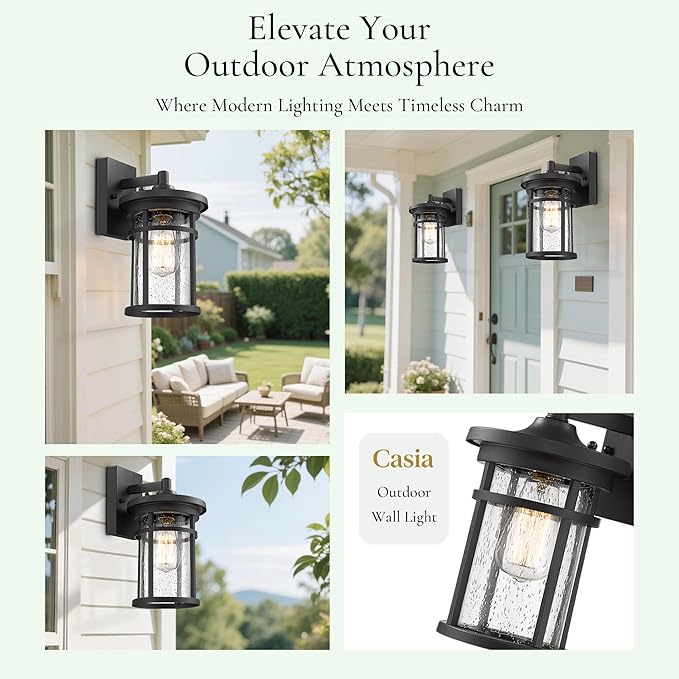 Casia Outdoor Wall Sconces, Exterior Wall Lantern, Farmhouse Porch Lighting Fixture, Front Door Mounted Lights, Outside Lighting Lamp for Patio, Porch, Garden,Balcony (Black, 12" H)