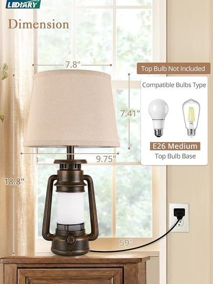 LEDIARY 18.72" LED Vintage Lantern Flickering Flame Table Lamps for Bedrooms Set of 2, Farmhouse Rustic Vintage End Table Lamps, Rustic Retro Bedside Nightstand Desk Lamp for Living Room