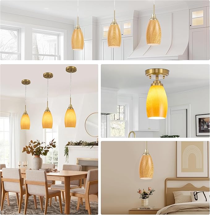 Glass Pendant Lamp Shade 4.72" Handblown Art Walnut Wood Glass Chandeliers Cover Mini Oval Light Shade Replacement Shade Only Light Fixtures for Kitchen Island Dining Room,Foyer,Hallway 1-Pack