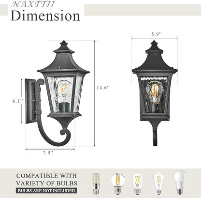 2-Pack Porch Lights Outdoor Wall Lighting Fixtures with Water Ripple Glass Large Garage Outdoor Wall Lamp E26 Socket and Waterproof