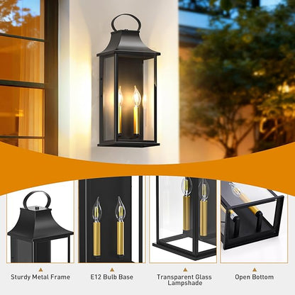 21" Large Outdoor Wall Lights 2 Packs, Black Exterior Lighting Fixtures Outdoor Sconce Light with E12 Base, 2-Light Outdoor Lanterns for Porch, Waterproof Outside Lights for House, Garage, Patio