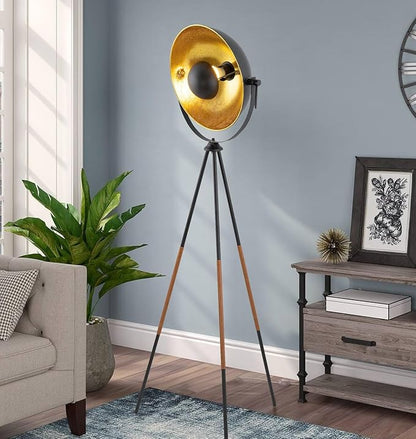 Kira Home Sulis 58" Modern Industrial Tripod LED Floor Lamp + 9W Bulb (Energy Efficient/Eco-Friendly), Leather Accent Legs, Satellite Style Shade, Black Finish