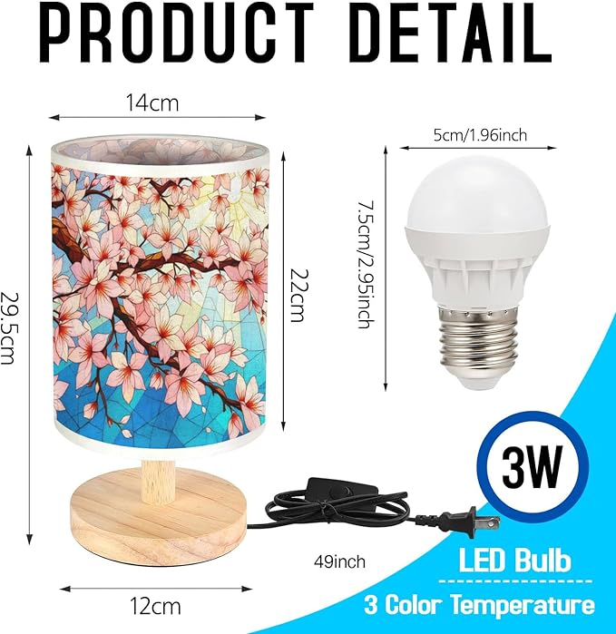 Cherry Blossom Table Lamp LED 3-Color Pressed Bedside, Cherry Blossom Shade Lamp with Wood Base for Bedroom Living Room Desk Office TL01