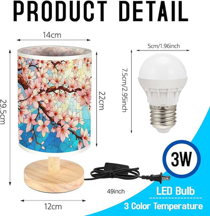Cherry Blossom Table Lamp LED 3-Color Pressed Bedside, Cherry Blossom Shade Lamp with Wood Base for Bedroom Living Room Desk Office TL01
