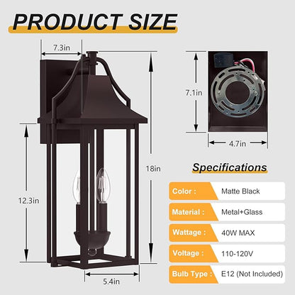 𝟏𝟖𝑰𝑵 Outdoor Wall Sconce Fixtures, Dusk to Dawn Patio Lights Waterproof Exterior Lanterns, 2-Light Modern Wall Light Mounted with Glass, Oil Rubbed Bronze Outside Lights for House Front Door Decor