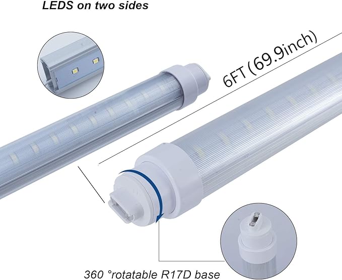 Midwestern 15 Pack T10 6FT 48W Led Tube Light Double Sided 360° Rotatable R17D Base Double Rows Led Ballast Bypass 6 Foot Advertisement Sign Lighting 6000k Cool White Striped Cover 100-277V