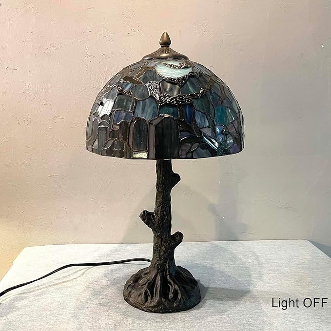 Bieye L10971 Tiffany-Style Stained Glass Table Lamp - Gothic Graveyard Scene with Bats, Full Moon, and Tombstone Design (Dark Green, 12Wx21H inch)