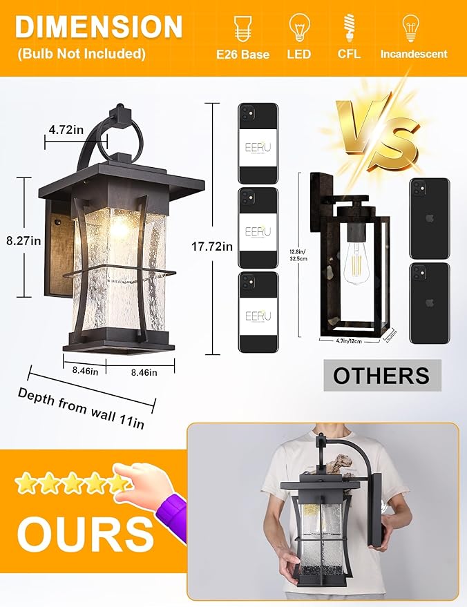 18" H Extra Large Outdoor Wall Sconce Black Large Exterior Wall Lantern Outside House Lamps Waterproof Mission Light Fixtures with Clear Seeded Glass, Perfect for Villa Porch Garage Coach Light