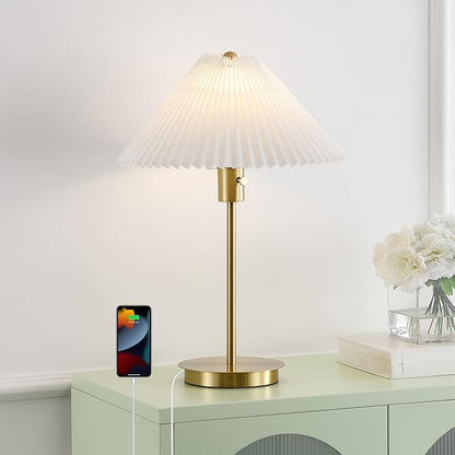 JONATHAN Y JYL1149A 21.25" Modern Glam Metal Table Lamp with USB Charging Port, Brass Gold Bedside Lamp for Bedroom, Living Room, Minimalist Desk Lamp with White Pleated Shade, LED Bulb Included