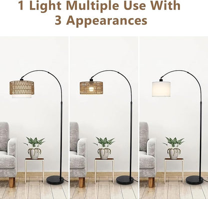 Arc Floor Lamp with Remote, Modern LED Floor Lamp with Dimmable Bulb, Boho Farmhouse Standing lamp with Fabric & Rattan Lampshades, Height Adjustable Black Tall Lamp for Living Room Bedroom