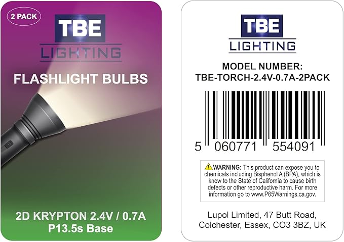 TBE LIGHTING Replacement 2D 2.4 Volt, 0.7A Bayonet Base P13.5 Krypton Flashlight Bulbs, Pack of 2 Energy efficient Flashlight Krypton Bulbs to fit a Standard 2D Torches