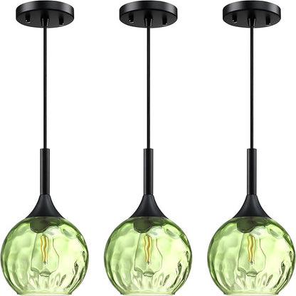 6.3" Dark Green Hammer Glass 3 Pack Rod Pendant Ceiling Light Fixture Black Finish Modern Farmhouse Dinning Over Sink Adjustable Height Cord