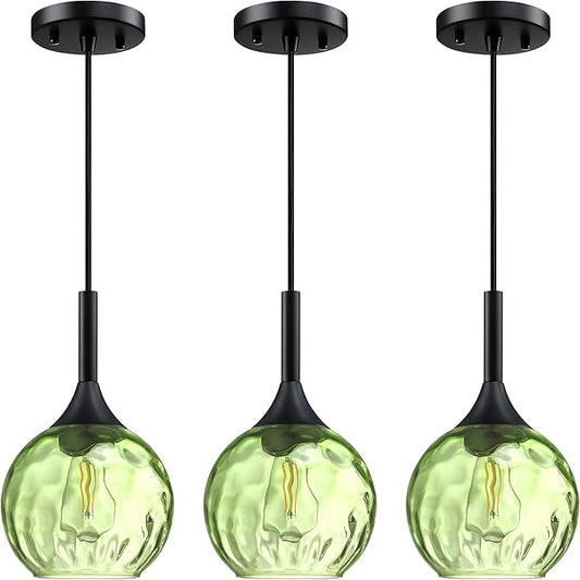 6.3" Dark Green Hammer Glass 3 Pack Rod Pendant Ceiling Light Fixture Black Finish Modern Farmhouse Dinning Over Sink Adjustable Height Cord