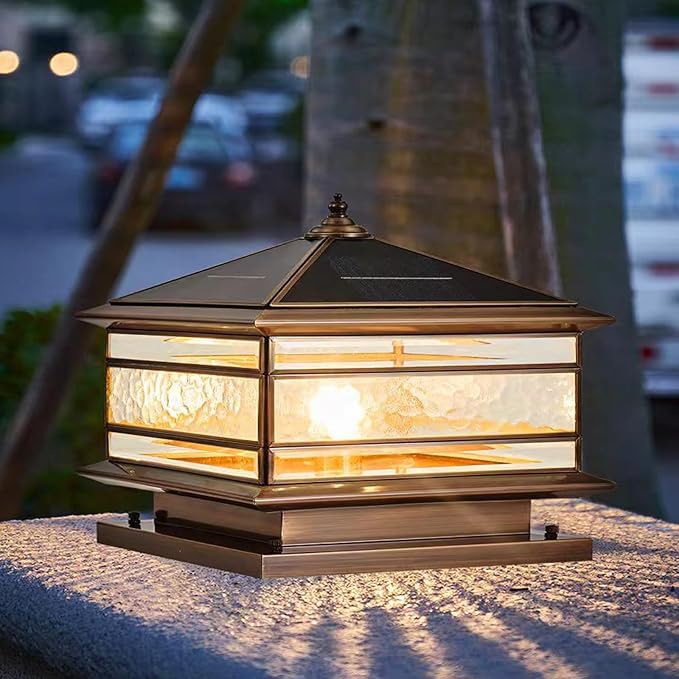 All Copper Steel Glass Outdoor Post Lights, Waterproof Pillar Light, Vintage Patio Lawn Column Lamp,Outdoor Column Lights,Deck Lights, Lantern Fence Lamp Fixture E26 Base (Solar, 12X12in)