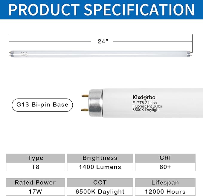 8 Pack 24 Inch F17T8/DL Fluorescent Light Bulb, T8 17 Watt, 6500K Daylight, T8 2FT Fluorescent Replacement Tube, G13 Medium Bi-Pin Base