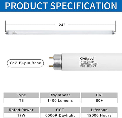 8 Pack 24 Inch F17T8/DL Fluorescent Light Bulb, T8 17 Watt, 6500K Daylight, T8 2FT Fluorescent Replacement Tube, G13 Medium Bi-Pin Base