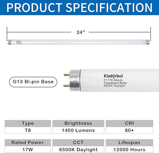 8 Pack 24 Inch F17T8/DL Fluorescent Light Bulb, T8 17 Watt, 6500K Daylight, T8 2FT Fluorescent Replacement Tube, G13 Medium Bi-Pin Base