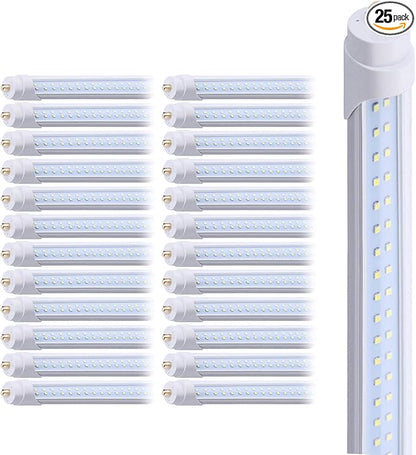 8FT Double Row LED Bulb, 96" 65 Watts T8 Single Pin LED Tubes with Clean Cover, 7800LM Super Bright, 6000K Cool White, T8 T10 T12 Fluorescent Fixture Replacement (25-Pack), Ship from USA