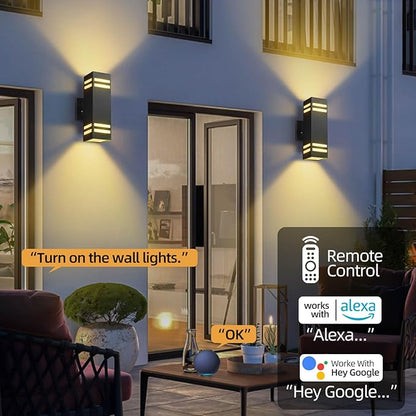 Outdoor Smart Wall Lights 2 Pack, Aluminum Exterior Lighting Fixtures Dusk to Dawn Color Changing Outdoor Lights with Matte Black Finish for Outside Decor, DIY Lighting Effects