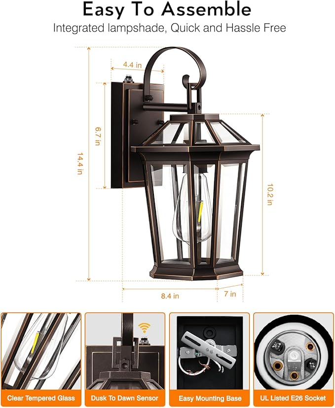 VIANIS Outdoor Wall Light Fixtures, Aluminum Dusk to Dawn Outdoor Lighting with Tempered Glass, Weatherproof Exterior Lighting Fixtures, Oil-Rubbed Bronze Gold Trim Front Porch Light for Door, Patio
