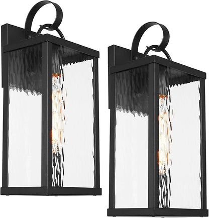 Outdoor Wall Light Fixture, Modern Black Exterior Wall Lantern with Water Ripple Glass, Farmhouse Vintage Waterproof Wall Sconce Porch Light for Patio, Garage, Front Door, Garden, Yard, 2Pack