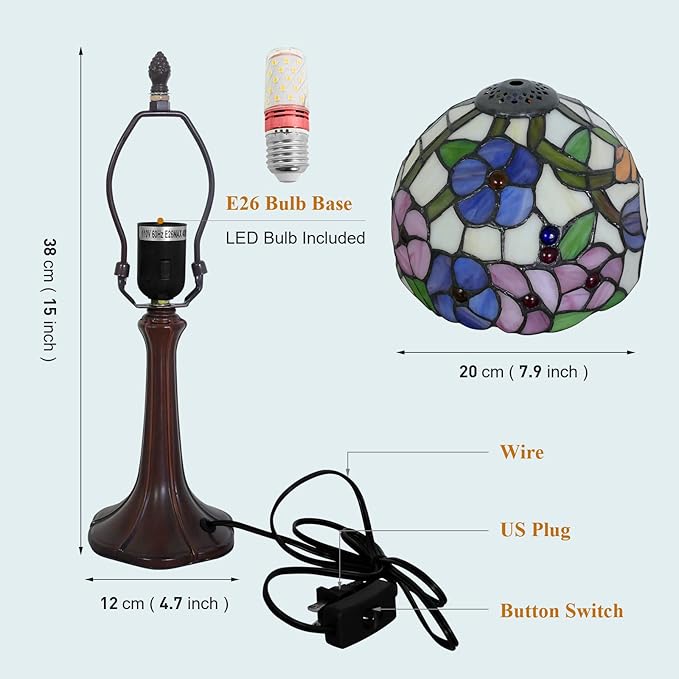 Tiffany Lamp Morning Glossy Stained Glass Table Lamp 8x8x15 Inches Flower Style Desk Reading Light Decor for Beside Bedroom Living Room Home Office