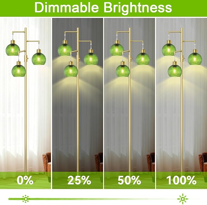 Modern Floor Lamp with Shade, Dimmable Standing Lamp for Living Room, 3 Lights Tree Lamp with Green Glass Shade, Tall Lamps for Bedroom with 3 x 600LM Bulb