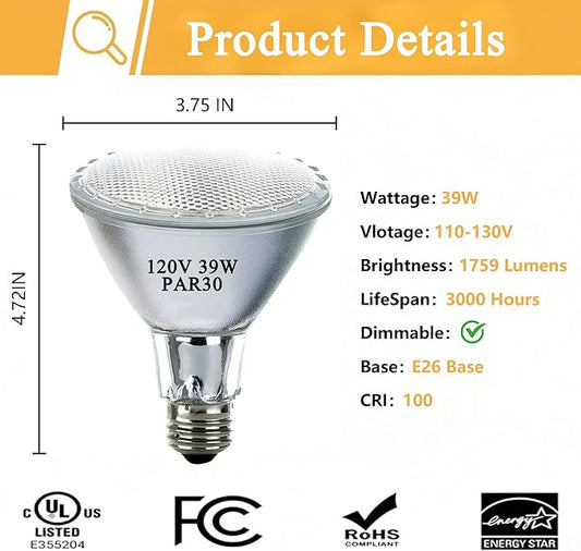 Par30 39W Long Neck Halogen Flood Light Bulbs 6pcs, 120V 2700K Warm White Dimmable High Brightness, E26 Base, Great for Accent Lighting, Tracking Light, Recessed Light Bulb