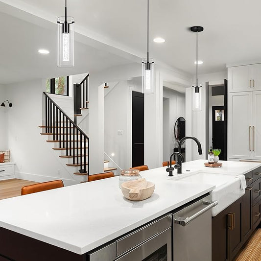 Pendant Ceiling Light Fixture, LED Kitchen Lighting Crystal Pendant Lights Kitchen Island, 1-Light Integrated Kitchen Hanging Light Fixture Modern Island Light with Bubble Glass Three Pack