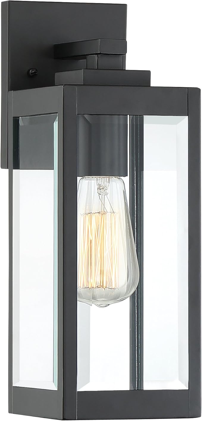 Quoizel Westover Modern Wall Sconce, 14.25 Inch Earth Black 1-Light Outdoor Light Fixture, Clear Beveled Glass Wall Lantern, 100 W, Industrial Design Wall Light for Porch, Patio, Gazebo or Yard