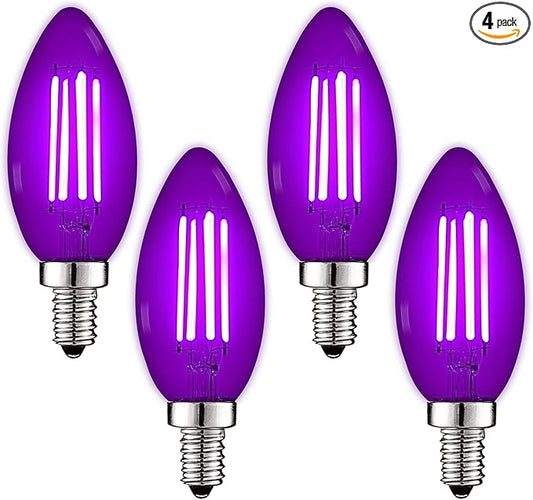 Luxrite E12 LED Filament Purple Light Bulbs, 4.5W (40W Equivalent), Colored Glass Candelabra Bulb, UL Listed, E12 Base, Indoor Outdoor, Porch, Decoration, Party, Holiday, Event, Home Lighting (4 Pack)