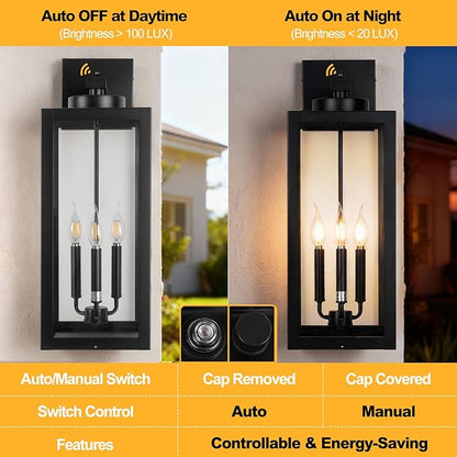 24" Extra Large Fully Enclosed Dusk to Dawn Outdoor Light Fixture 3-Light, Black Outdoor Porch Lantern Wall Mounted, Waterproof Outside Wall Sconce Coach Lamp for House, E12, 2 Packs
