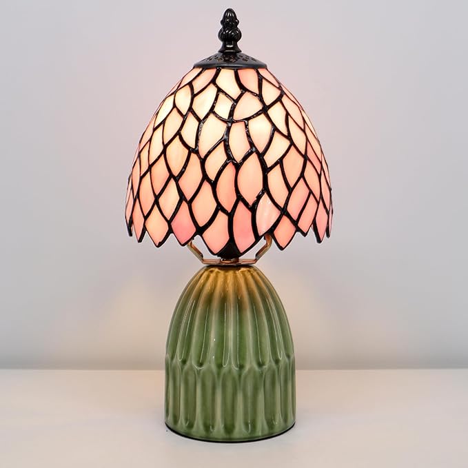 Tiffany Lamp Stained Glass Mushroom Table Lamps 6X6X12.5 Inch Pink Leaf Style Small Night Light Ceramic Base Mini Accent Desk Light Suitable for Bedside Table Bedroom Children Room