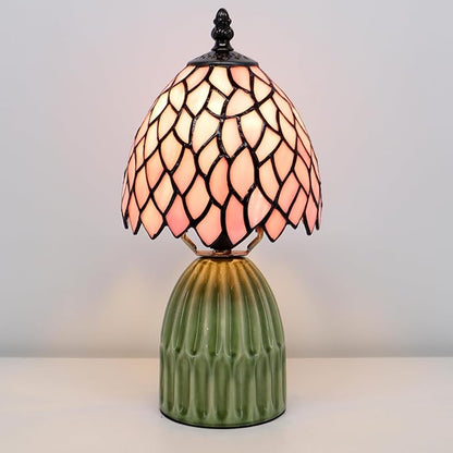Tiffany Lamp Stained Glass Mushroom Table Lamps 6X6X12.5 Inch Pink Leaf Style Small Night Light Ceramic Base Mini Accent Desk Light Suitable for Bedside Table Bedroom Children Room