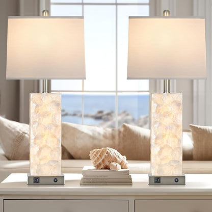 28" Coastal Table Lamps for Living Room Set of 2, Bedside Lamps with Night Light, USB A+C Ports, Modern Sea Shell Bedside Night Stands Light for Beachy Cottage Decor (Silver)