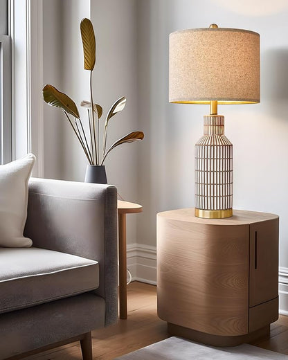 25" Table Lamps Set of 2, Modern Ceramic Bedside Lamps - Farmhouse Brown Nightstand Lamps for Bedroom, Boho Living Room End Table & Office Desk Decor